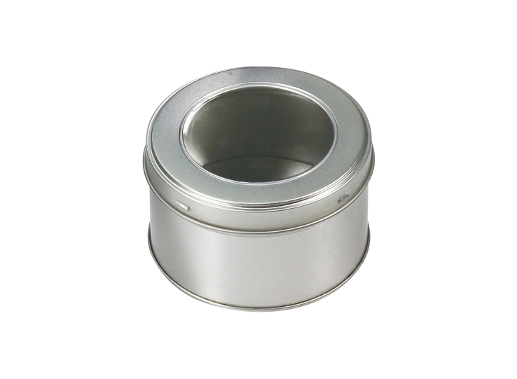 Round Tin with Clear Pet Window Custom Candle Tin Box Bulk Silver Colored Metal Box Window Tin Box